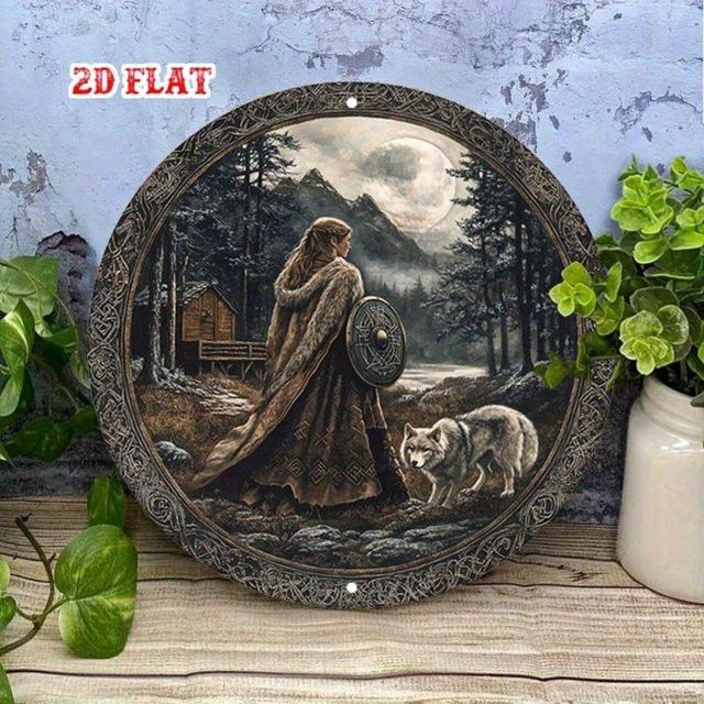 CIFBUY RoundNordic Metall Wanddeko Viking Schild Wolf Woman Rustikale Wandplakette Durchmesser: 20 cm - Bild 1