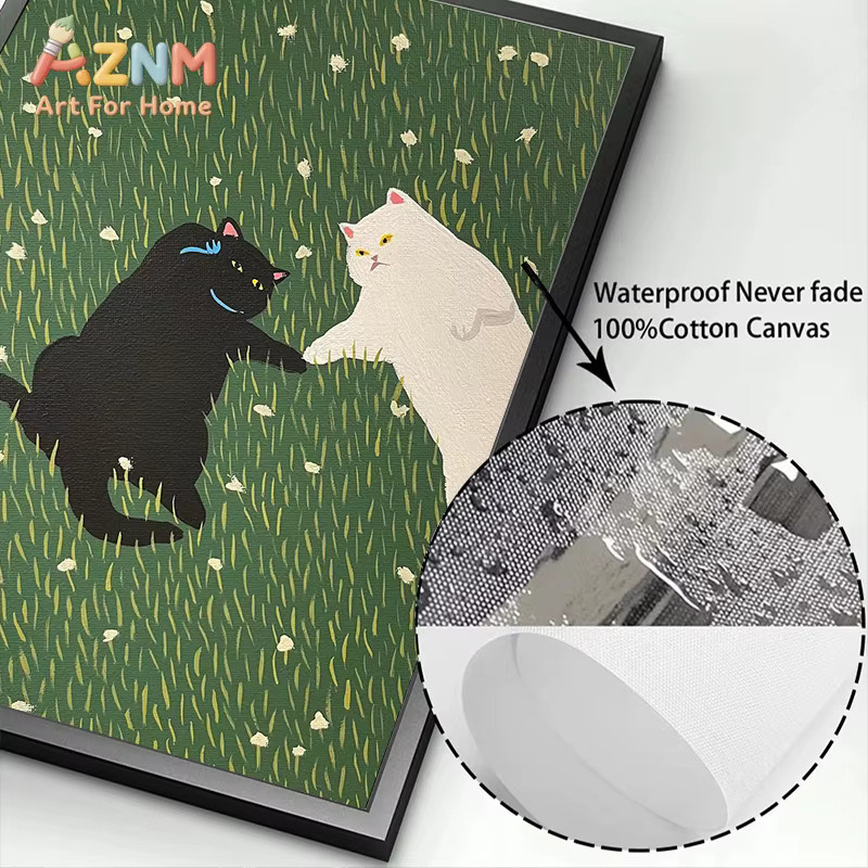 Potdemiel Leinwandgemälde mit lustigen Cartoon-Katzen und Pflanzen in Mehrfarbig, Wandkunst Poster für dein Wohnzimmer ohne Rahmen - Bild 4