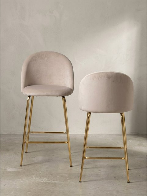 KADIMA DESIGN Barhocker 2er Set im Skandi-Stil aus Samt mit Goldgestell, Beige, B/T/H: 50 x 50 x 102 cm - Bild 1