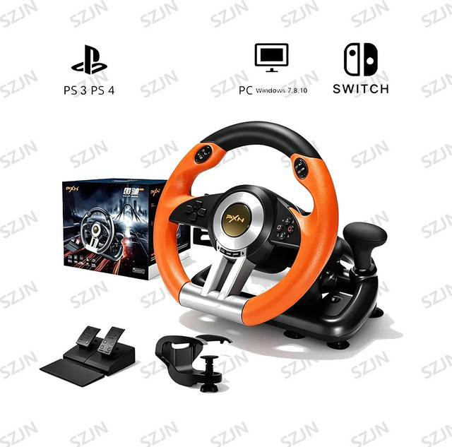 PXN V3II Rennlenkrad mit Pedalen in Schwarz, Vibrations-Spielcontroller kompatibel mit PC, PS3, PS4 und Nintendo Switch - Bild 1