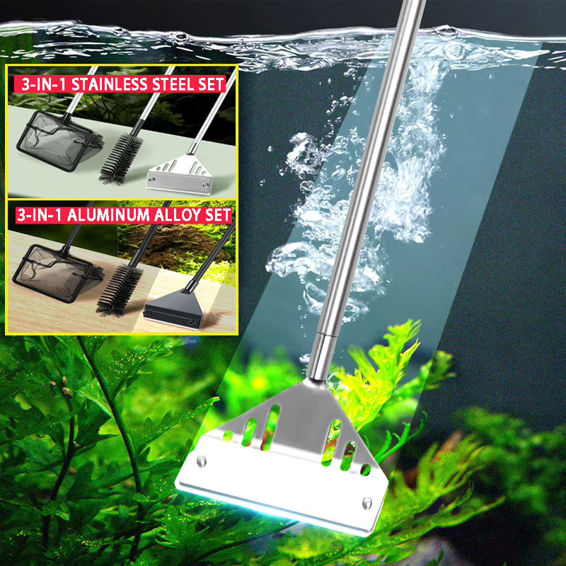 ZRDR Drei-in-Eins Aquarium-Algenentferner Set aus Edelstahl in Silber mit Netzbeutel, Reinigungsbürste und Flachbürste - Bild 2