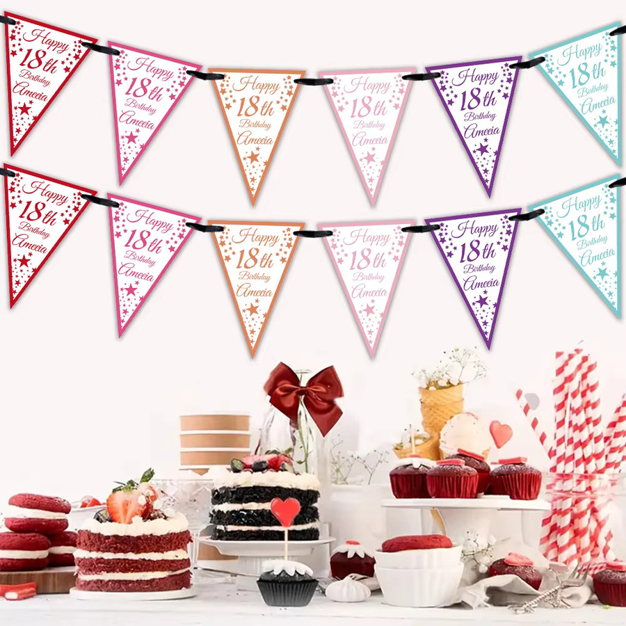 Personalisierte Geburtstagsbanner Partydekoration aus Papier mit 16 Wimpeln in Lila und Mehrfarbig inklusive 5 m Band - Bild 4