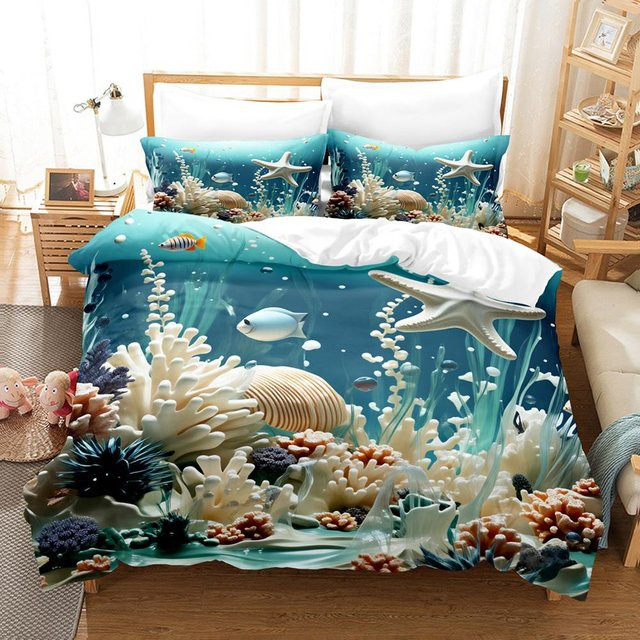 3-teiliges Bettwäsche-Set mit 3D-Korallenriff-Print in Blau, weiche Mikrofaser-Bettwäsche mit 1 Bettbezug und 2 Kissenbezügen, Breite: 135 cm, Höhe: 200 cm - Bild 1