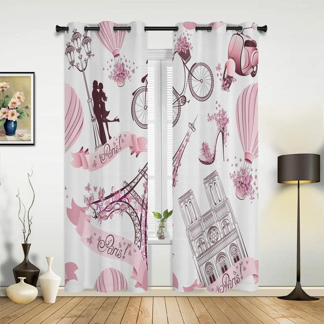 Retro Vorhang mit Paris Eiffelturm Motiv in Pink für Wohnzimmer und Schlafzimmer, Breite: 135 cm, Höhe: 60 cm - Bild 1