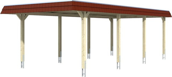 Wendland Skan Holz Carport aus Fichte in Natur mit EPDM-Dach und Blende in Rot, B: 870 cm, T: 409 cm, H: 247 cm