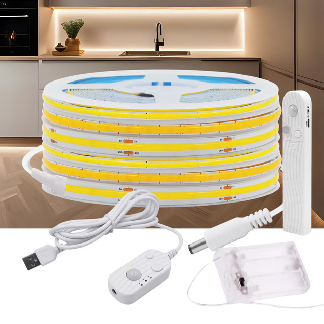 XUNATA COB LED Streifen mit PIR Bewegungssensor, weiß, USB oder Batterie betrieben, flexible Unterbauleuchte für Küche und Möbel - Bild 1