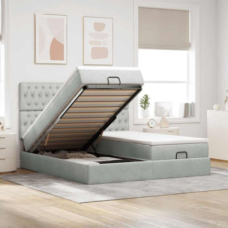 Vidaxl Ottoman Polsterbett mit Matratzen und LED in Hellgrau aus Samt, B/T/H: 160 x 200 x 128 cm - Bild 1