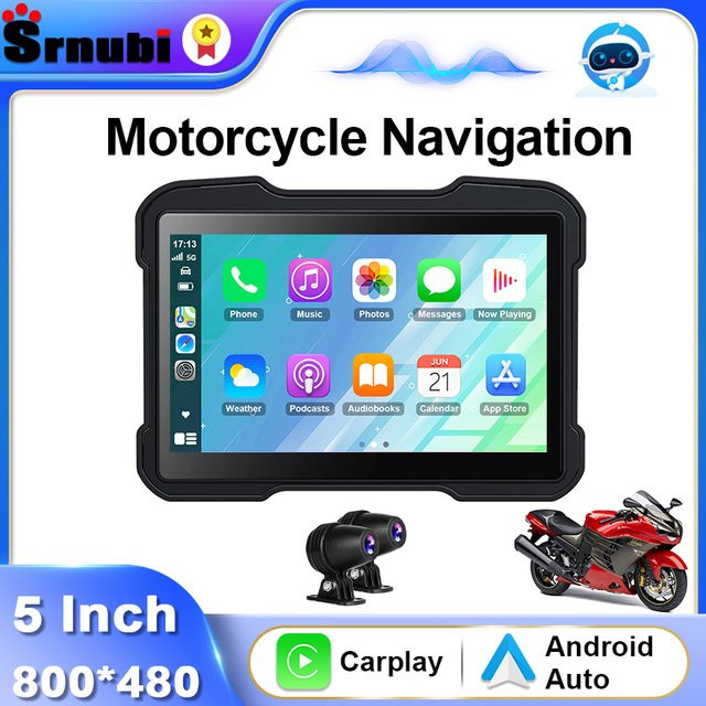 Srnubi 5-Zoll Motorrad-DVR-Navigation mit kabellosem CarPlay, Android Auto und Airplay, tragbares IPX7 Display in Schwarz - Bild 1