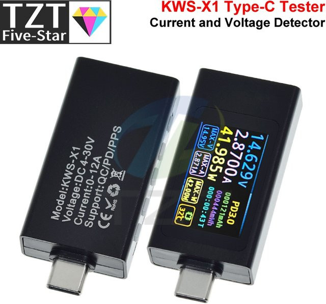 TZT KWS-X1 Typ-C Strom- und Spannungsmonitor Digitaler LCD-Leistungsmesser für DC 4-30V und 0-12A in Schwarz - Bild 1