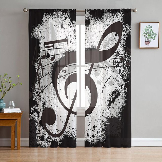 Transparente Tüll-Vorhänge mit Musiknoten-Design in Schwarz, Breite: 135 cm, Höhe: 160 cm - Bild 1