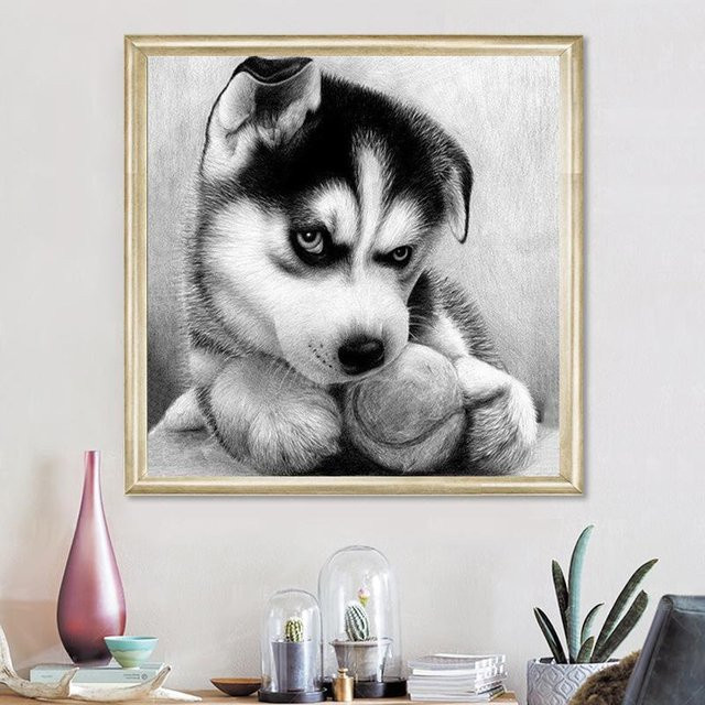 Diamond Painting Set FIYO Hund mit Baseball als Mosaik-Stickerei in Grau, B/H: 30 x 30 cm - Bild 1
