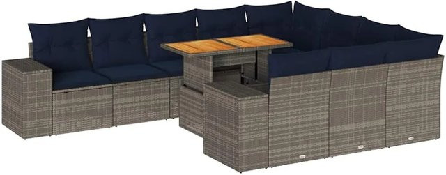 vidaXL 11-tlg Garten-Sofagarnitur aus Poly-Rattan und Akazienholz in Grau mit Kissen - Bild 1