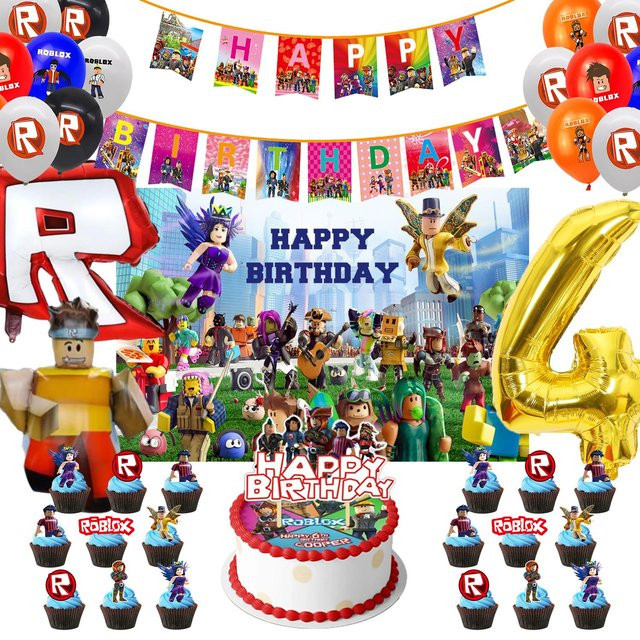 Roblox Geburtstag Dekoration Set mit Banner, Ballons und Kuchenaufsätzen in Mehrfarbig für Kinder und Babypartys - Bild 1