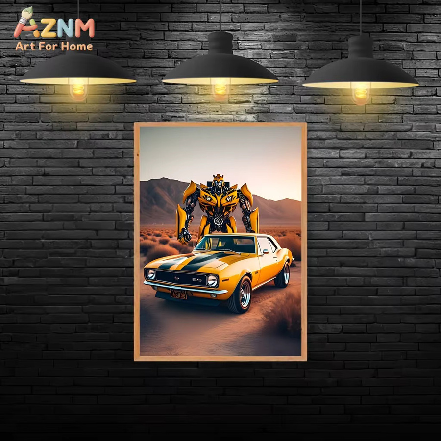 AZNM Transformers Bumblebee Classic Yellow Camaro Muscle Car Poster als rahmenlose Leinwand-Wandkunst mit Roboter-Charakterdruck - Bild 4