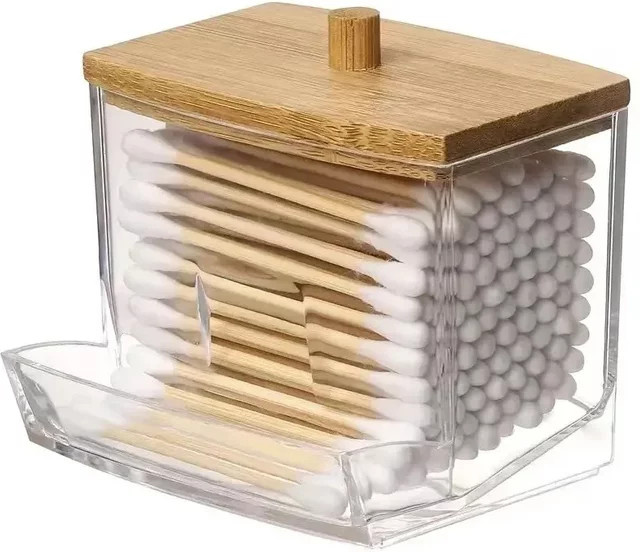 vvocci Doppelkopf-Wattestäbchen-Aufbewahrungsbox aus Glas mit Bambusdeckel, quadratischer Behälter in Transparent, Höhe: 8,8 cm, Breite: 7,2 cm - Bild 1