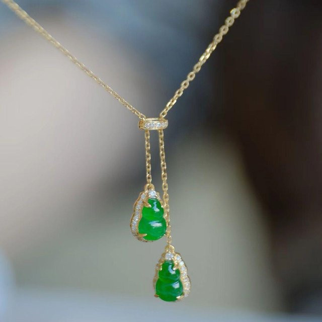 Anhänger Jade Chalcedon Grün, Doppelkürbis, Halskette, 45 cm, Damen - Bild 1