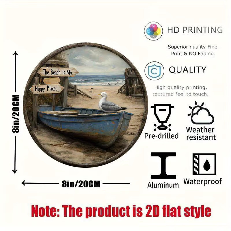 Potdemiel Rundes Aluminium-Wandschild Happy Place mit Strandmotiv, Möwen und Boot, Durchmesser: 20,3 cm, Mehrfarbig - Bild 2