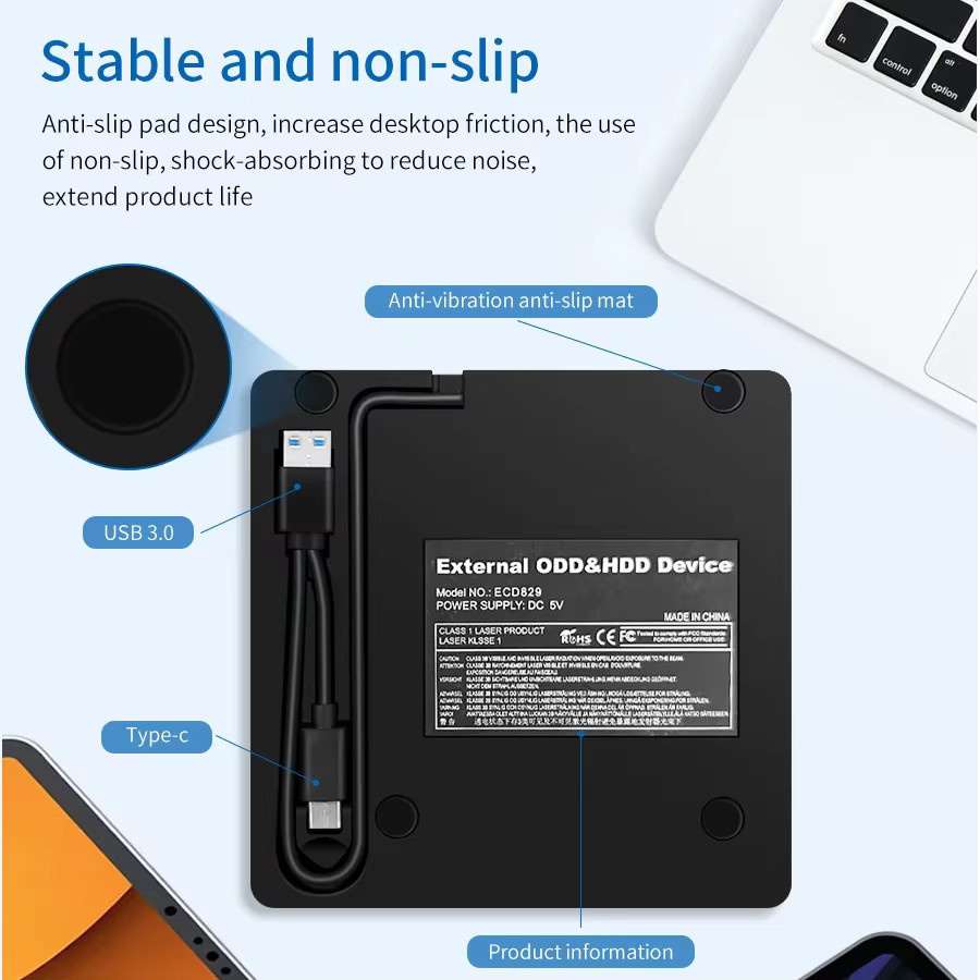 Muzisn 2-in-1 externes DVD-RW-Laufwerk mit USB 3.0 und USB-C Schnittstelle, schlanker DVD-CD-Brenner und optisches Lesegerät in Schwarz - Bild 3