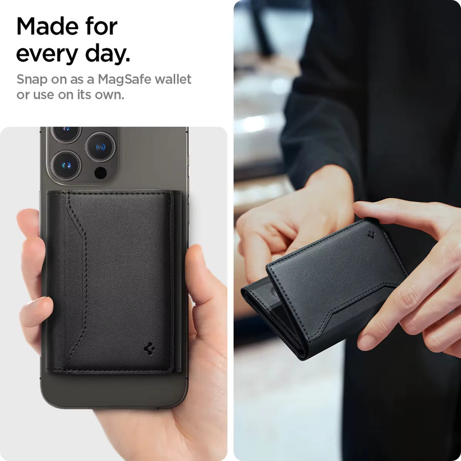 Spigen Magnetische Leder-Brieftasche als Kartenhalter und Schutzhülle für iPhone 12 bis iPhone 17 Pro Max, Schwarz - Bild 2