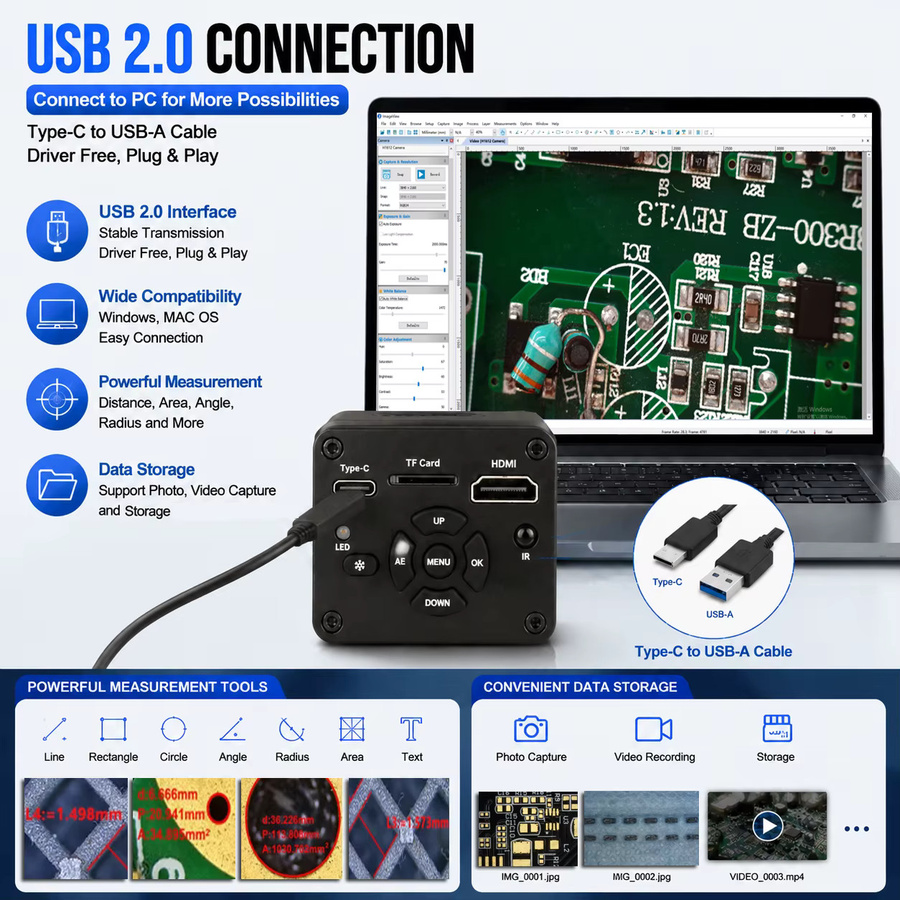 Digitales 4K Mikroskop von Nice-power mit IMX678 Sensor, HDMI und USB-C Anschlüssen, Schwarz, inklusive 150X Objektiv mit großem Arbeitsabstand - Bild 5