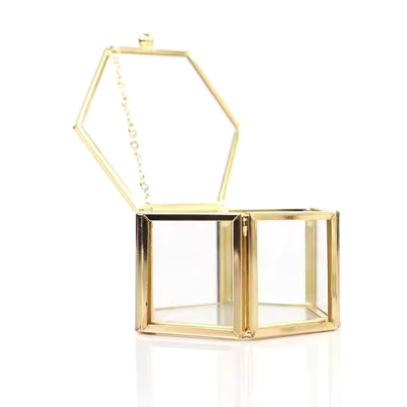 Velishy Schmuckaufbewahrungsbox Sechseckig aus Glas in Gold im Retro-Design - Bild 2