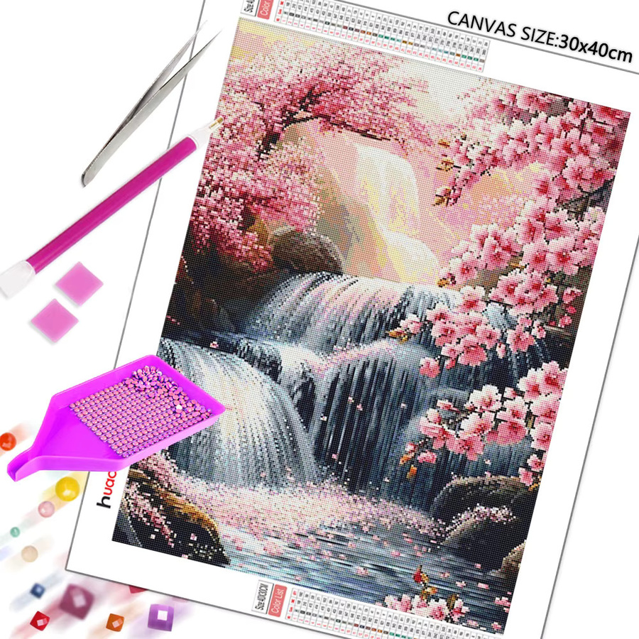 Huacan Diamant-Stickerei-Set Wasserfall-Landschaft in Mehrfarbig, runde Wanddekoration als Diamant-Mosaik-Kunstmalerei, B/H: 30 x 30 cm - Bild 2