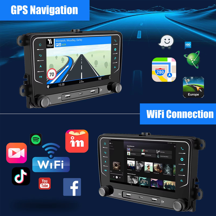 ESSGOO Android 14 Auto Stereo Radio mit 7 Zoll Display, 4 GB RAM + 64 GB Speicher, Carplay, GPS, Bluetooth und WiFi für VW Golf 5 6 Plus, Touran, Caddy, Jetta, Passat, Polo, T5, Rabbit in Schwarz - Bild 4