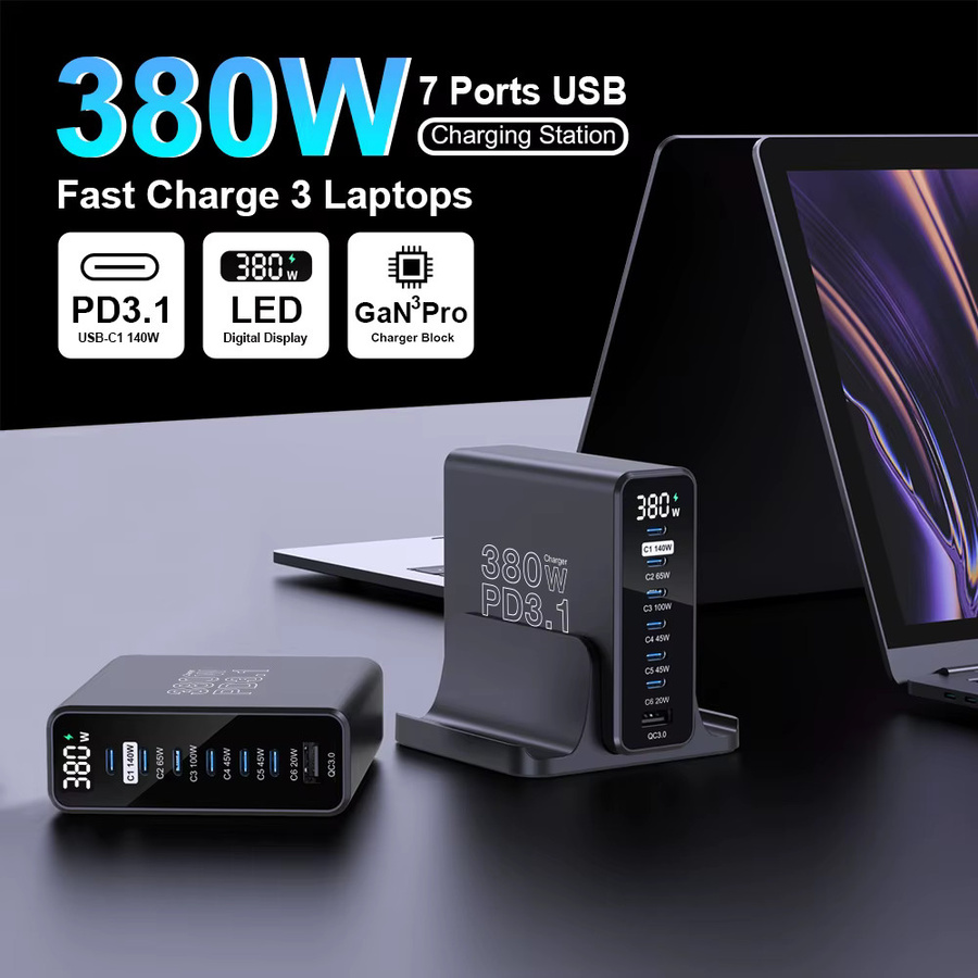 Ubigbuy GaN USB C Ladegerät 380 W mit LCD-Display, PD 3.1 Schnellladestation in Schwarz für iPhone 15, Samsung und MacBook Pro/Air - Bild 2