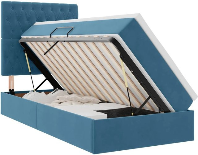 vidaXL Aufbewahrungsbett mit Matratze aus Samt in Dunkelblau, B/T/H: 90 x 200 x 140 cm - Bild 1
