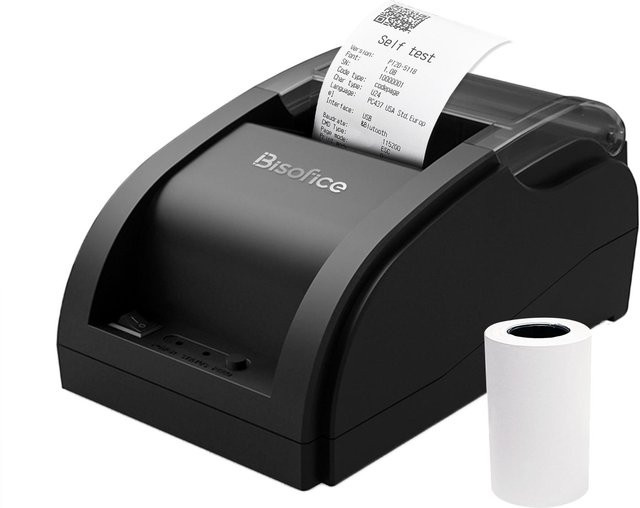 Bisofice Desktop Thermo-Belegdrucker 58 mm, kabelgebundener Barcode-Drucker mit USB-Anschluss, Schwarz - Bild 1
