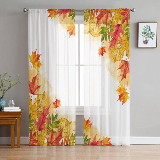 A Family Of Home Textiles Vorhang mit Ahornblatt-Motiv in Orange, halbtransparentes Tüll-Gitter für Wohnzimmer, Schlafzimmer und Küche, B: 135 cm, H: 114 cm - Bild 1