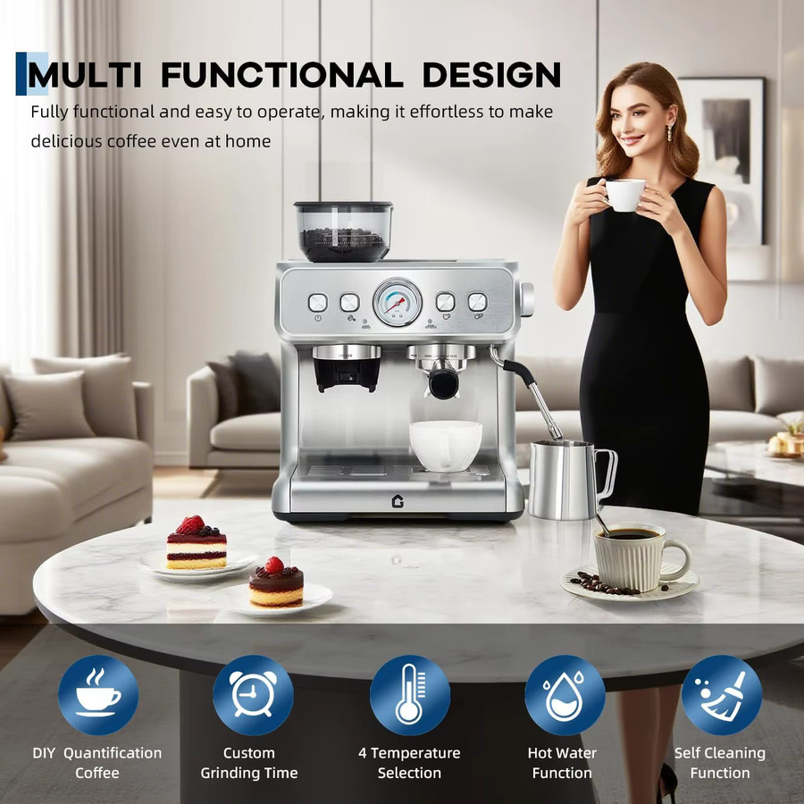 Acekool Espressomaschine mit Siebträger und integrierter Kaffeemühle in Silber, 15 Bar Druck, Milchaufschäumer, Manometer und 2,8 l Wassertank - Bild 2
