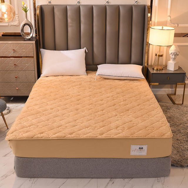 Superweicher Plüsch Matratzenbezug mit Lammwolleffekt in Beige, Wärmender Matratzenschoner mit Anti-Milben-Schutz, B/T/H: 90 x 200 x 30 cm - Bild 1