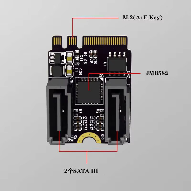 MZX M.2 zu SATA 3.0 Konverter mit 2 Ports, NGFF Erweiterungs-Riser-Karte, Schlüssel A+E WIFI Adapter, Schwarz - Bild 4