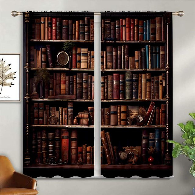 Yiran Furniture Vorhänge mit Bücherregal-Motiv im Vintage-Design, 2er-Set, braun, Polyester, semi-transparent, Breite: 50 cm, Höhe: 140 cm - Bild 1