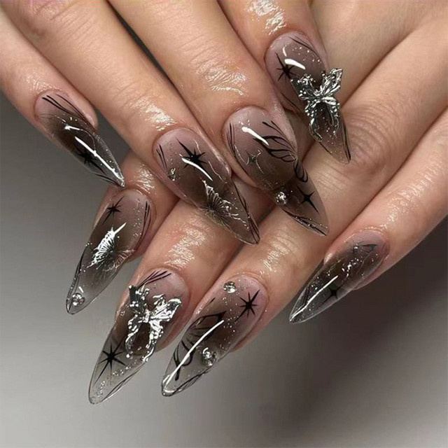 RTAUG Künstliche Nägel Stiletto, Schwarz Silber, 24 Stück - Bild 1