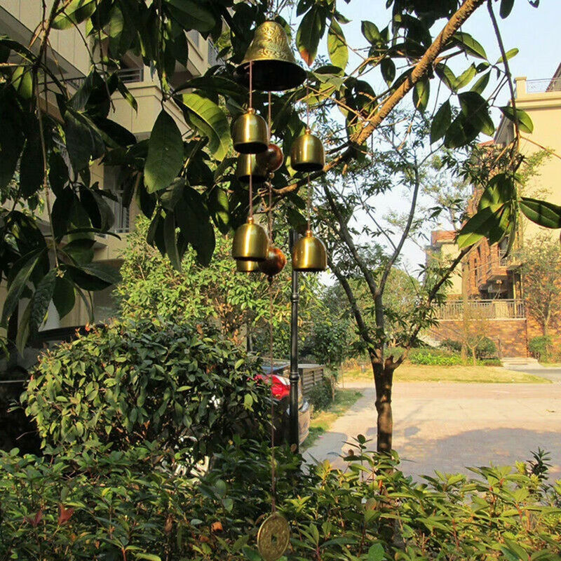 6 Kupferglocken aus Metall als hängende Windspiele in Gold und Alufarben für Garten und Hof im Bohemian-Stil - Bild 3