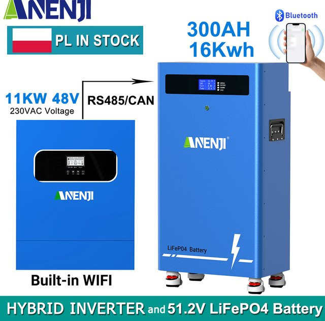 ANENJI Hybrid-Wechselrichter 11kW 48V mit 16kWh LiFePO4 Batteriepack 51.2V 300Ah und BMS Solar-Energiespeicher in Blau - Bild 1