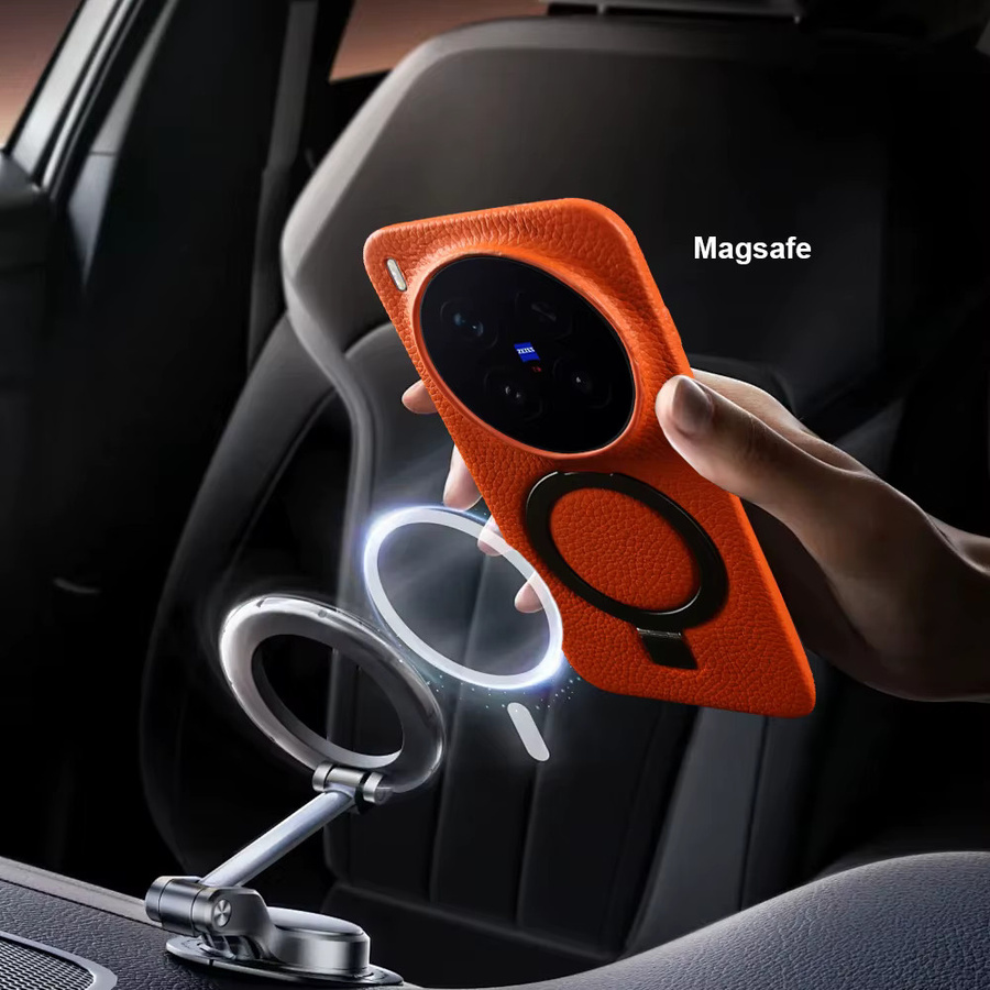 Echtlederhülle mit magnetischem Halterungsring für Vivo X300 Pro FE Ultra X200 Pro mini X300S X200S X100S V50 Lite in Rot und Orange - Bild 2