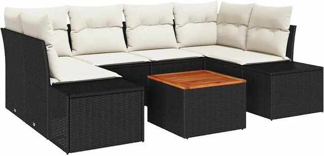 vidaXL Garten-Sofa-Set 7-teilig aus Polyrattan und Akazienholz in Schwarz-Weiß mit Polstern und Stauraum - Bild 1