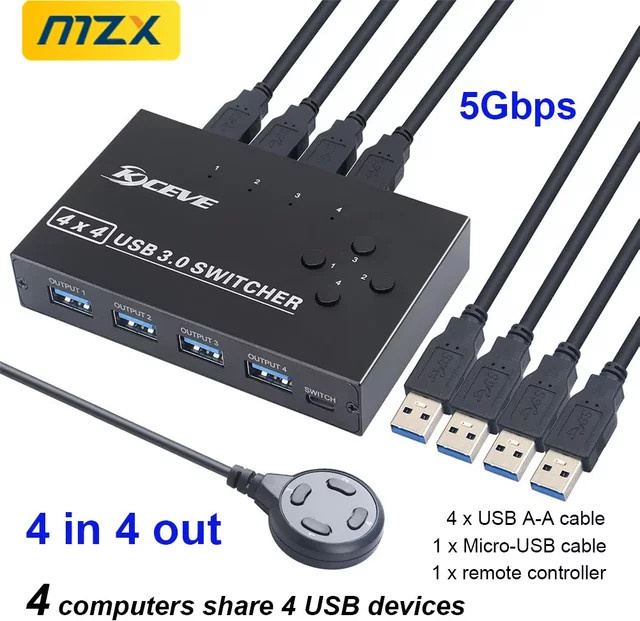 MZX USB 3.0 KVM-Switch 4 in 4 out Wahlschalter für 4 Hosts und 4 USB-Geräte, Schwarz - Bild 1