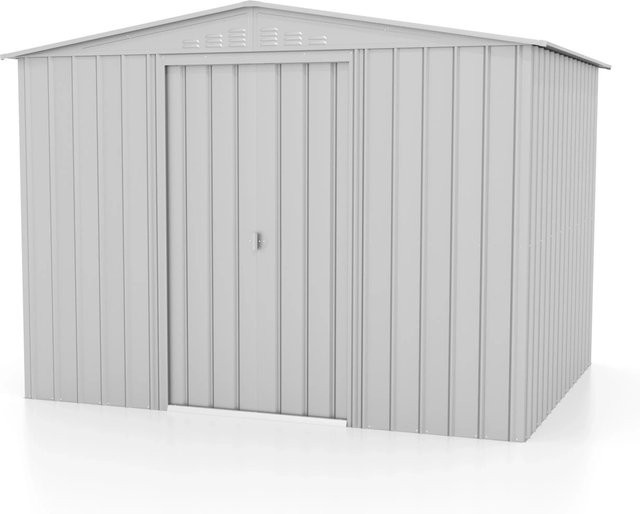 Globel Gerätehaus Tower 108 aus Stahl mit Satteldach und Schiebetür, Silber Metallic, B: 296 cm, T: 237 cm, H: 225 cm - Bild 1