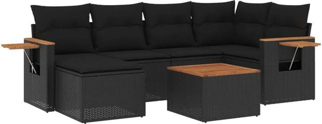 vidaXL 7-tlg Garten-Sofagarnitur in L-Form aus Polyrattan und Akazienholz mit Kissen in Schwarz - Bild 1