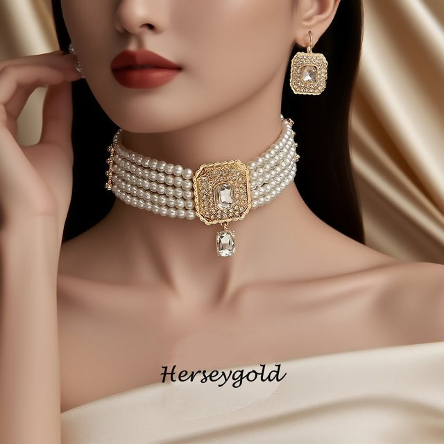 Herseygold Schmuck-Set, Perlenkette, Ohrringe, Messing, Gold, Perle - Bild 1