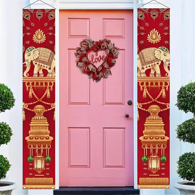 VIKAMA 2er-Set Diwali Veranda-Banner mit exotischen Elefantenmotiven in Rot, dekorative indische Türvorhänge für Innenhof und Außenbereich, B/H: 30 x 180 cm - Bild 1