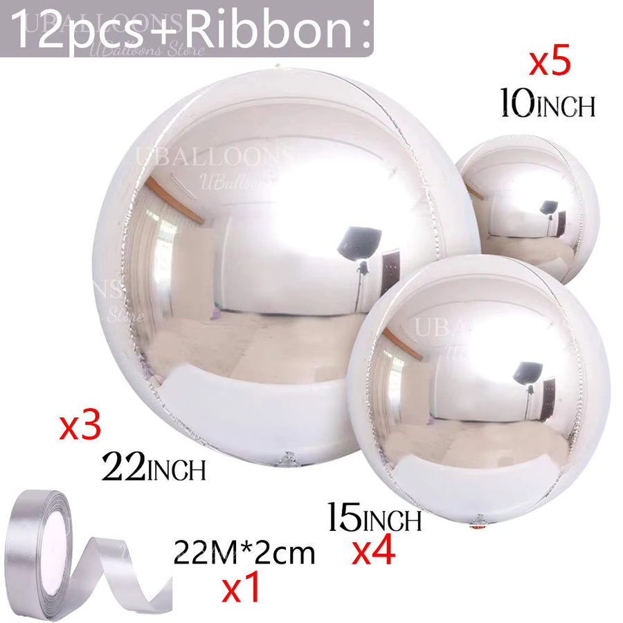12er Set silberne 4D-Luftballons von MicroPlush, geometrische runde Folienballons mit Band für Geburtstag, Hochzeit und Party, Durchmesser: 22 Zoll, 15 Zoll und 10 Zoll - Bild 2