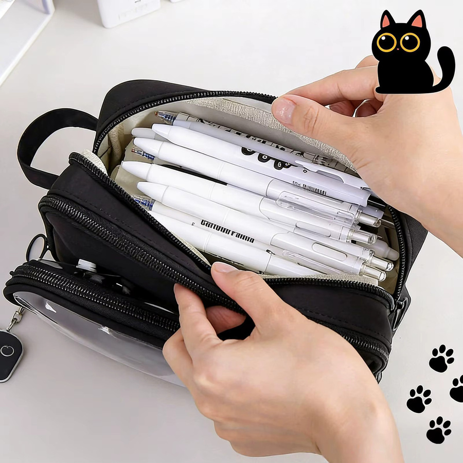 Federmäppchen mit schwarzer Katze als 10-Schichten Organizer für Marker und Schulbedarf in Schwarz - Bild 3
