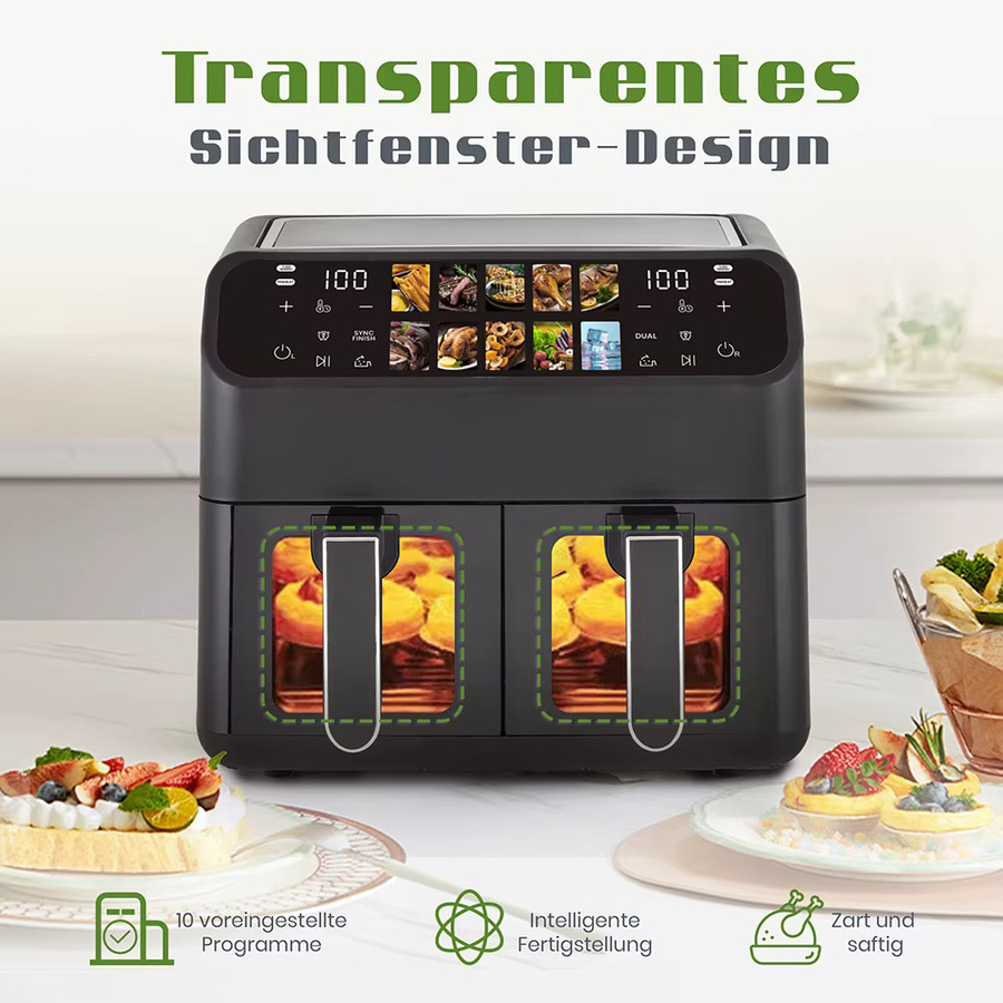 Sinaopus Dual-Korb-Heißluftfritteuse mit 9L Volumen, Ölfreier Multifunktions-Kocher in Schwarz mit LED-Touch-Steuerung und Sichtfenster - Bild 3