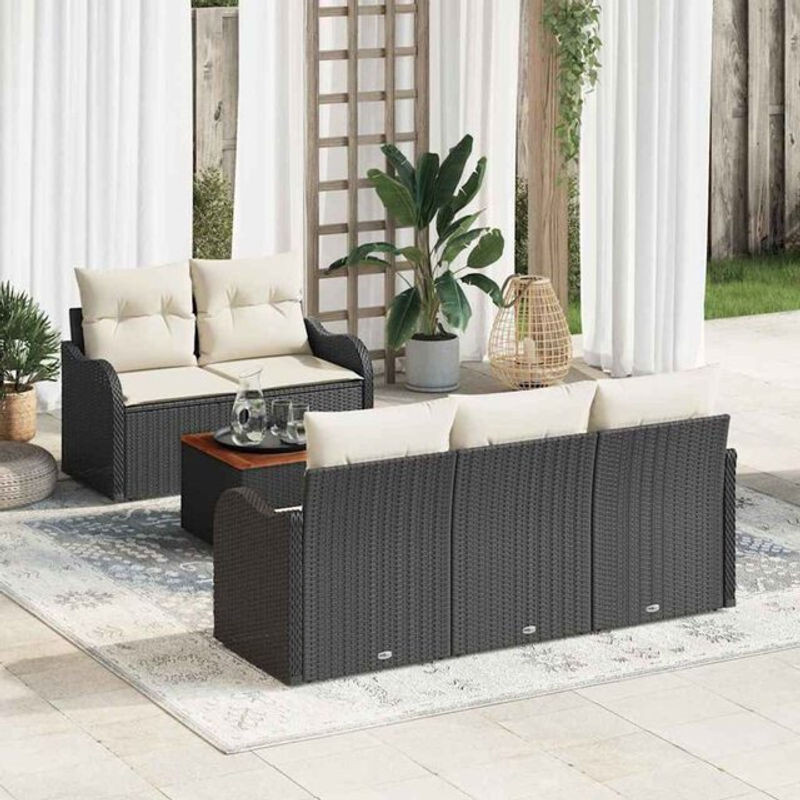 vidaXL Garten-Sofa-Set mit 6 Kissen aus Rattan und Holz in Schwarz und Creme, B/T/H: 55 x 55 x 37 cm - Bild 1