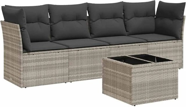 vidaXL 5-teilige Garten-Sofagarnitur aus Polyrattan in Hellgrau mit Tisch und Polsterkissen inklusive Stauraum - Bild 1
